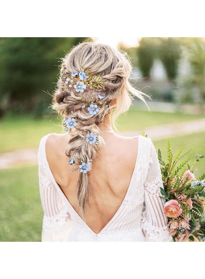 LAPOHI 5 PCS Bridal Flower Wedding Hair Pins Crystal Pearl Hair Clips Headpiece Gold Wedding Hair Accessories Jewelry with Rhinestone for Brides Bridesmaids Women Girls Updo, Special Cream Blue - Image 3