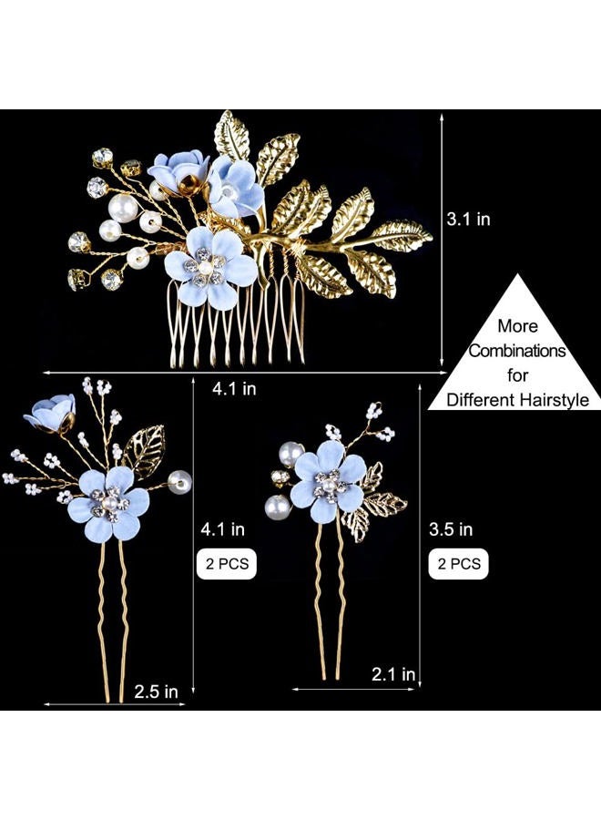 LAPOHI 5 PCS Bridal Flower Wedding Hair Pins Crystal Pearl Hair Clips Headpiece Gold Wedding Hair Accessories Jewelry with Rhinestone for Brides Bridesmaids Women Girls Updo, Special Cream Blue - Image 2