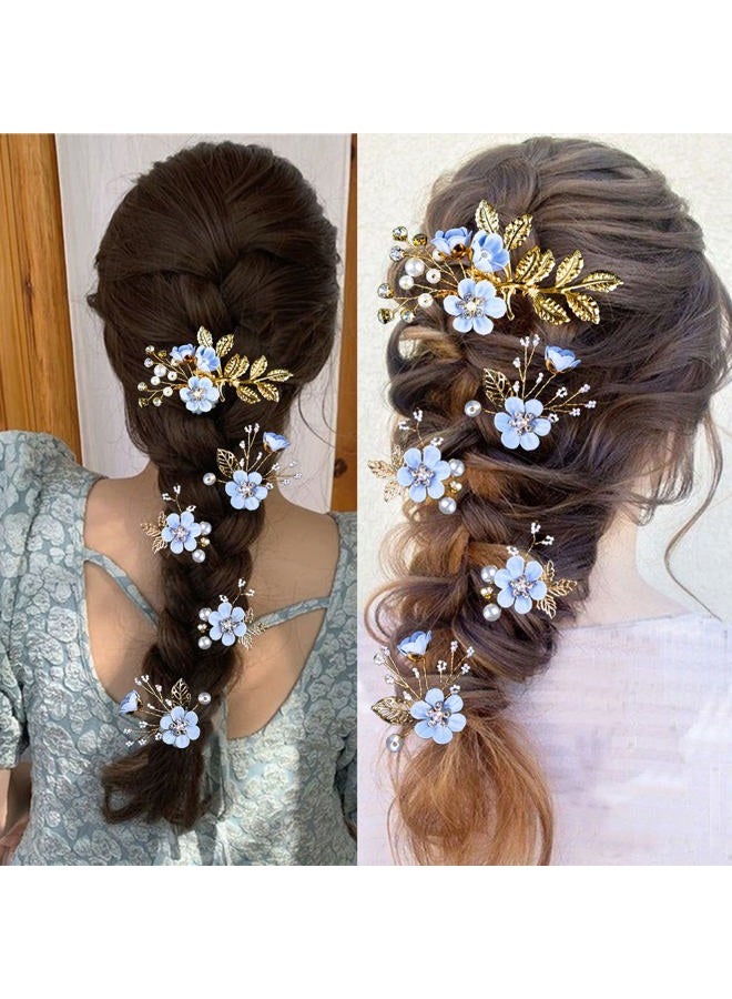 LAPOHI 5 PCS Bridal Flower Wedding Hair Pins Crystal Pearl Hair Clips Headpiece Gold Wedding Hair Accessories Jewelry with Rhinestone for Brides Bridesmaids Women Girls Updo, Special Cream Blue - Image 5