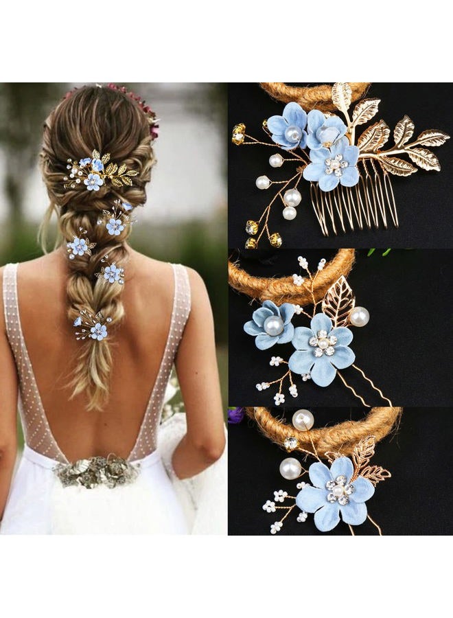 LAPOHI 5 PCS Bridal Flower Wedding Hair Pins Crystal Pearl Hair Clips Headpiece Gold Wedding Hair Accessories Jewelry with Rhinestone for Brides Bridesmaids Women Girls Updo, Special Cream Blue - Image 4