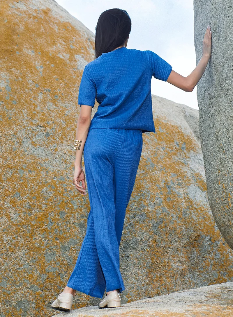 Pinacolada  Women's Royal Blue Creased Co-Ord Set For Casual Wear | Round Neck | Short Sleeve | Pull On Closure | Co-Ords Designed With Comfortable Fit For Woman & Girls for Women | Best Price UAE