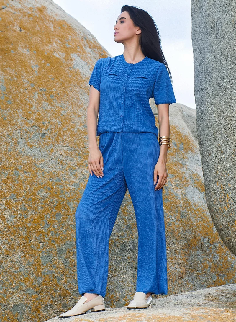 Pinacolada  Women's Royal Blue Creased Co-Ord Set For Casual Wear | Round Neck | Short Sleeve | Pull On Closure | Co-Ords Designed With Comfortable Fit For Woman & Girls for Women | Best Price UAE