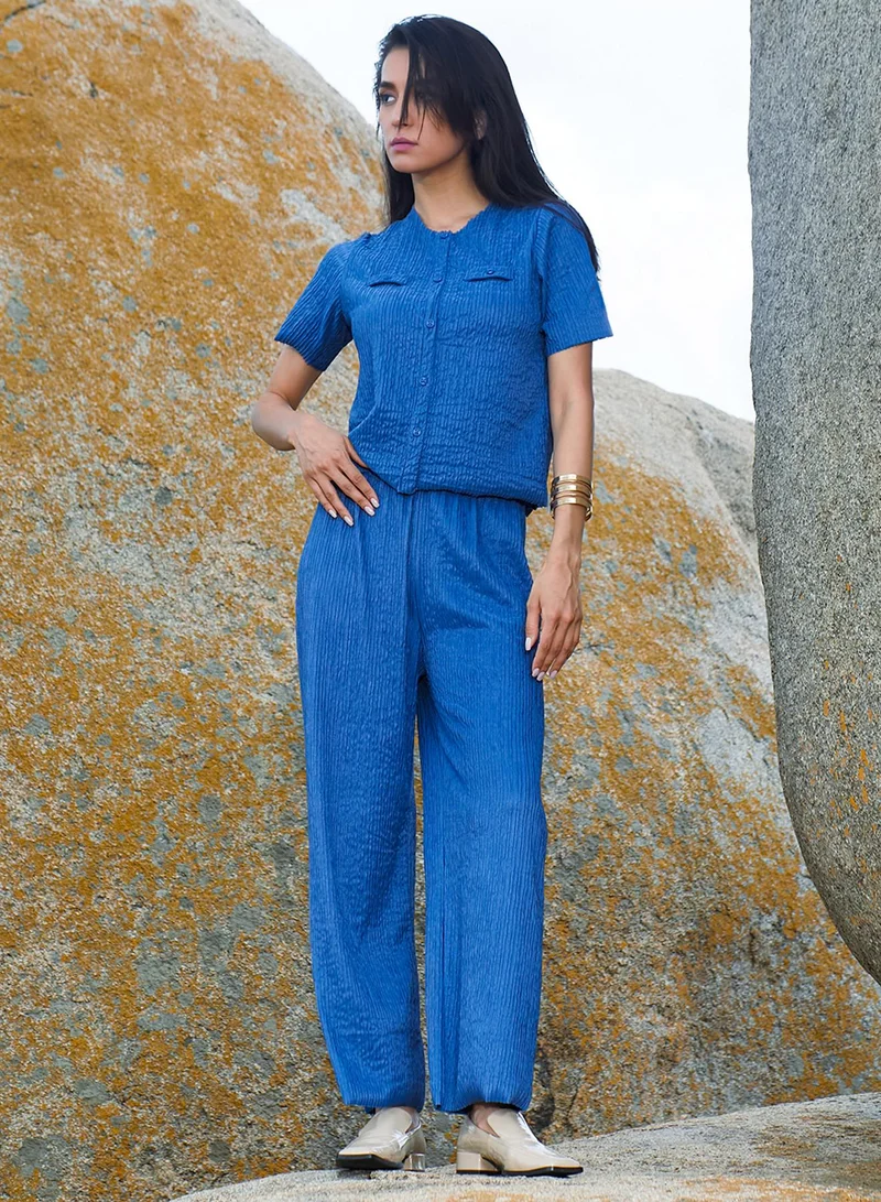 PINACOLADA Women's Royal Blue Creased Co-Ord Set For Casual Wear | Round Neck | Short Sleeve | Pull On Closure | Co-Ords Designed With Comfortable Fit For Woman & Girls