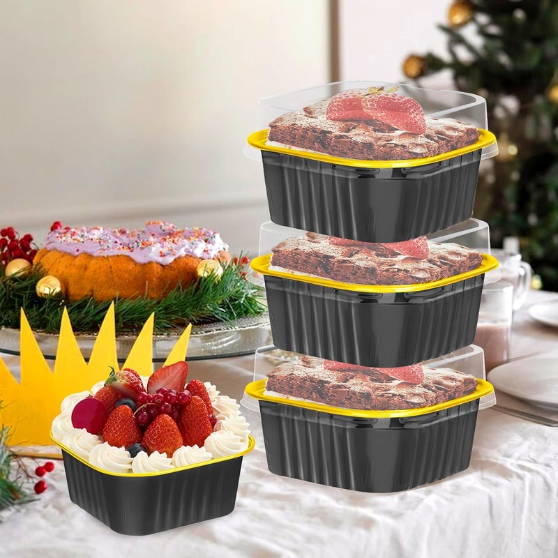 ylnurac 30 عبوة 5 أونص قوالب كعك صغيرة مع أغطية وملاعق أكواب خبز من الألمنيوم، حاويات حلوى فردية للبيع، حفلات، نزهات (أسود وذهبي) - Image 2