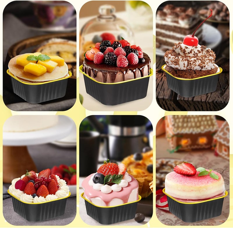 ylnurac 30 عبوة 5 أونص قوالب كعك صغيرة مع أغطية وملاعق أكواب خبز من الألمنيوم، حاويات حلوى فردية للبيع، حفلات، نزهات (أسود وذهبي) - Image 4
