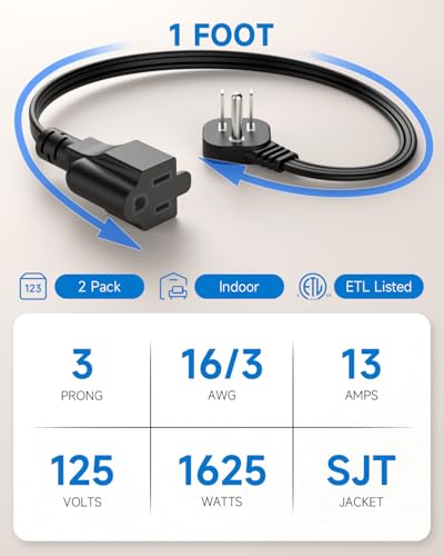 LitStar Flat Plug Short Extension Cord 1Ft Low Profile Adapter 3 Prong Indoor Small Grounded Power Cable Outlet Saver 16AWG 13A 1625W Black 2 Pack - Image 3