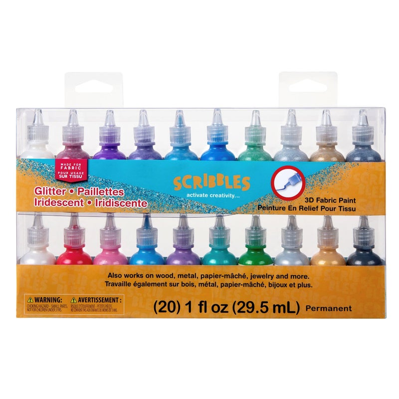 Scribbles Bulk Buy: Scribbles Glitter 3D Paint Glitter - Pack of 20 Glitter, Nontoxic & Permanent Dimensional Paints for Fabrics, T-shirts, Backpacks, Posters, Glass, Wood and More - Image 1