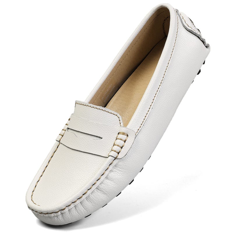 Artisure Women's Classic Handsewn White Genuine Leather Penny Loafers Driving Moccasins Casual Boat Shoes Slip On Fashion Office Comfort Flats 7 M US SKS-1221BAI70 - Image 1