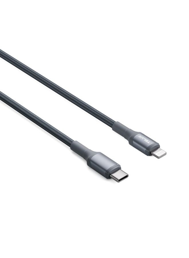 TELUX FLEXIX USB-C to Lightning Braided Cable 1m, 27W PD Fast Charging, Wear-Resistant Nylon Braid, 10000+ Bend Lifespan, 480Mbps Data Transfer, Dark Grey - Image 2