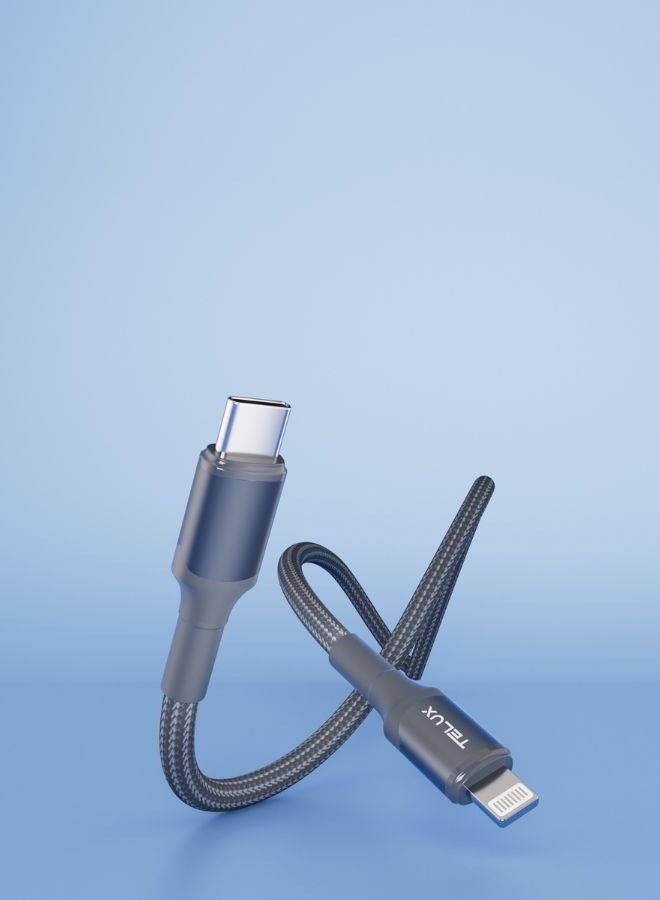 TELUX FLEXIX USB-C to Lightning Braided Cable 1m, 27W PD Fast Charging, Wear-Resistant Nylon Braid, 10000+ Bend Lifespan, 480Mbps Data Transfer, Dark Grey - Image 3
