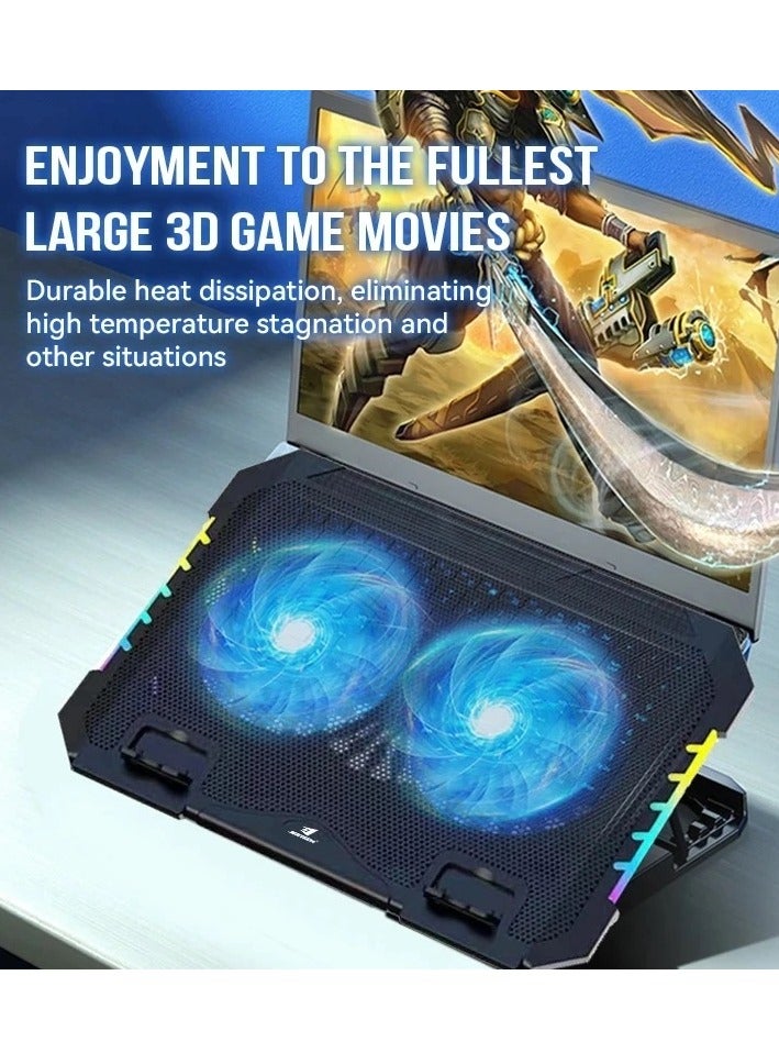 جيرتك لوحة تبريد ألعاب الكمبيوتر المحمول Jertech KL332 مع حامل محمول - مروحتان LED زرقاء 14 سم - أضواء جانبية RGB - منفذا USB - 12:17 بوصة - Image 3