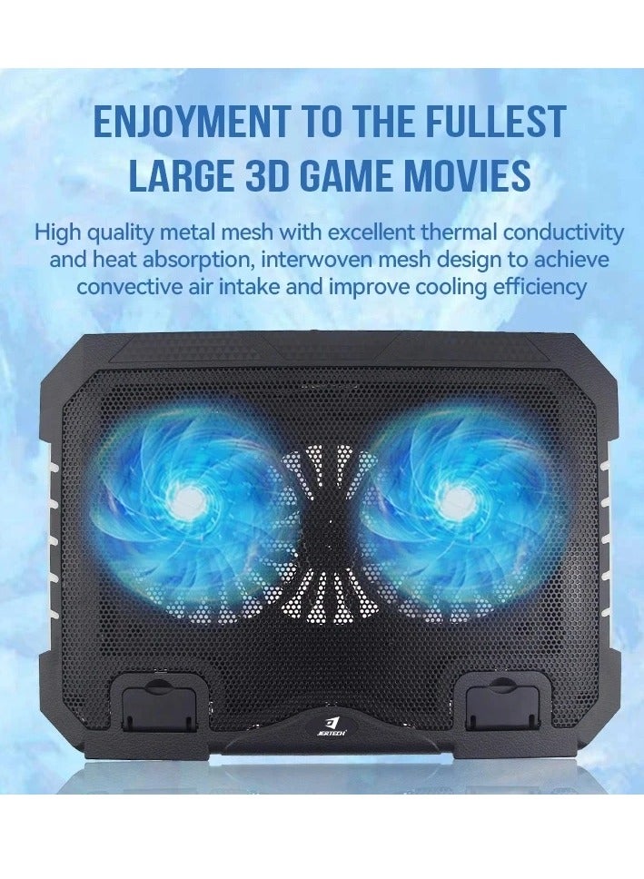 جيرتك لوحة تبريد ألعاب الكمبيوتر المحمول Jertech KL332 مع حامل محمول - مروحتان LED زرقاء 14 سم - أضواء جانبية RGB - منفذا USB - 12:17 بوصة - Image 4