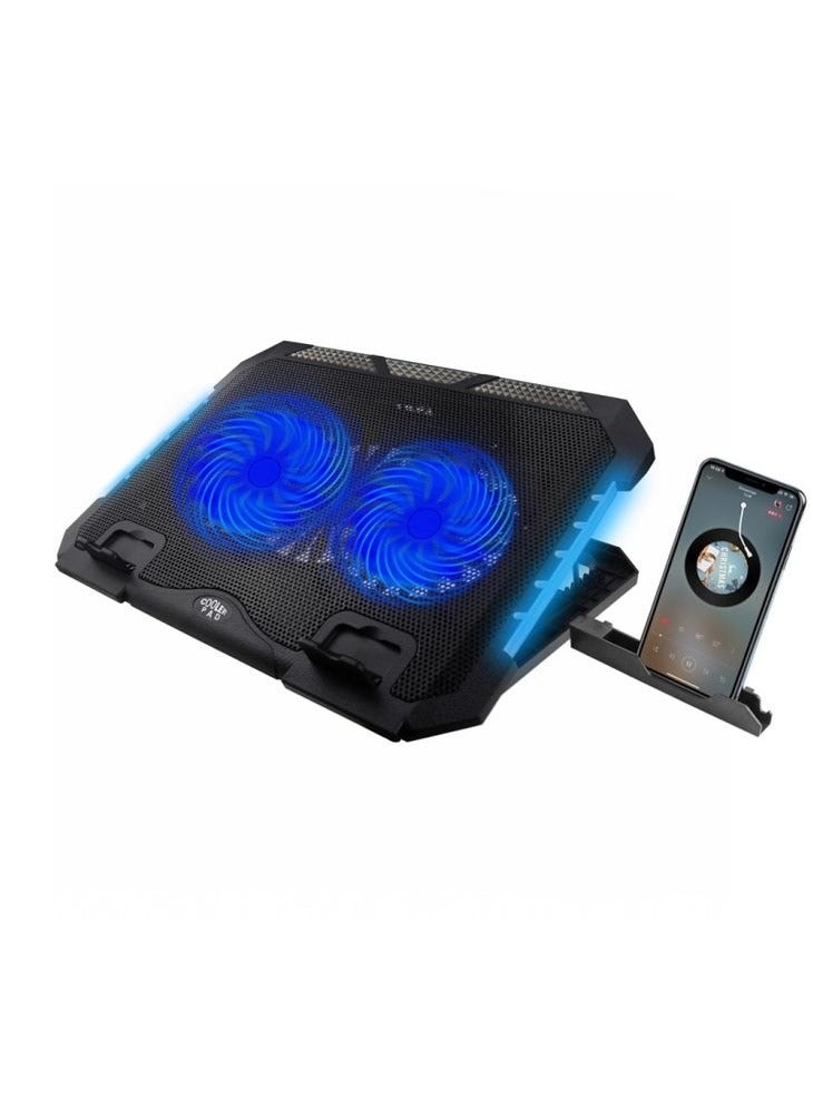 جيرتك لوحة تبريد ألعاب الكمبيوتر المحمول Jertech KL332 مع حامل محمول - مروحتان LED زرقاء 14 سم - أضواء جانبية RGB - منفذا USB - 12:17 بوصة - Image 1