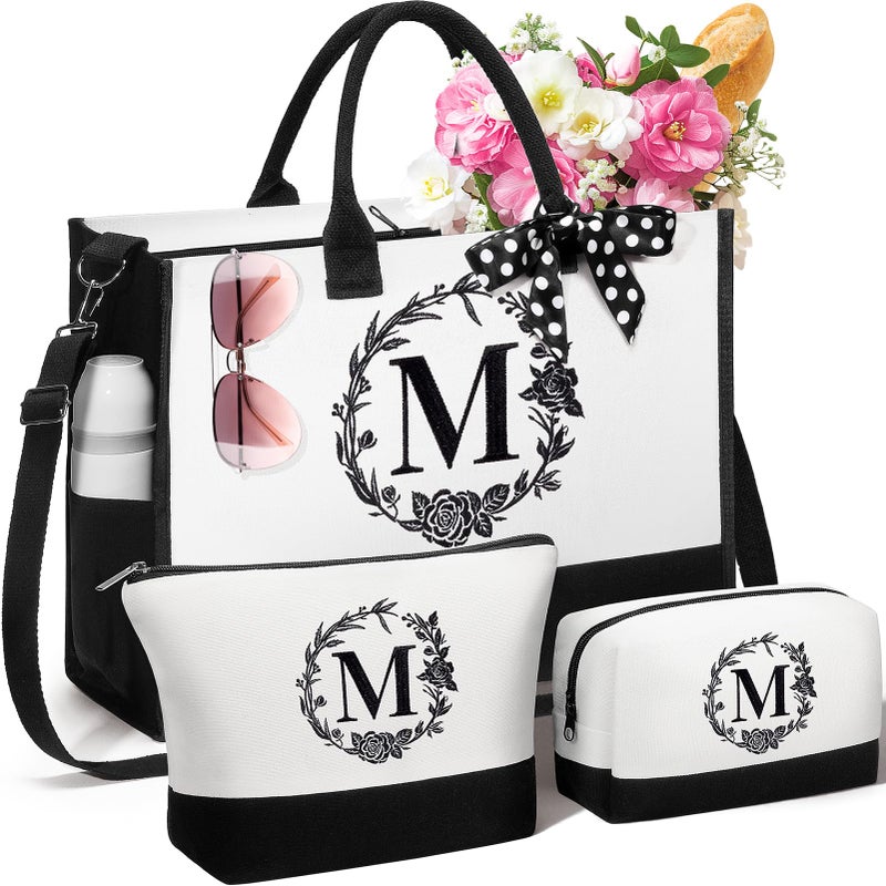 FLOE Personalized Gifts for Women, Initial Canvas Tote Bag & Makeup Bag Monogrammed Beach Tote Bags for Women w/Zipper, Easter Gift Bags Mothers Day Birthday Gifts for Mom Her Sister Best Friend Teacher - Image 1