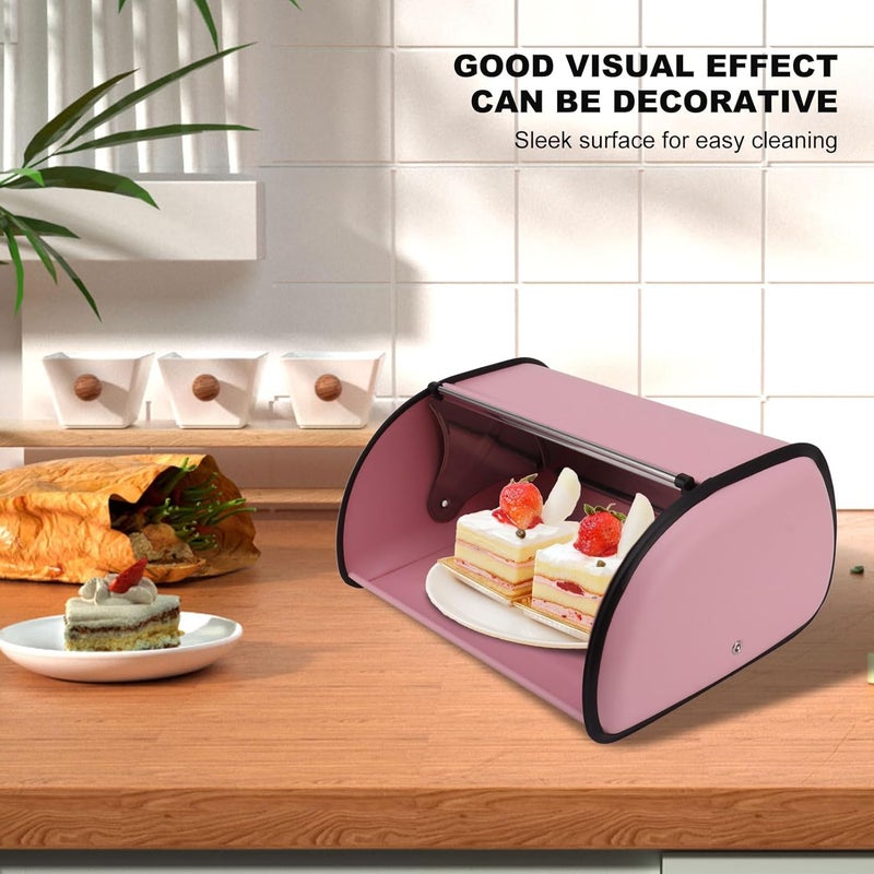 klarako Bread Box for Kitchen Countertop, Metal Roll Top Bread Bin, Mirror Polished Bread Storage Bin with Lid for Homemade Cake, Buns, Pastries, Pancake and Cookies (Pink) - Image 2