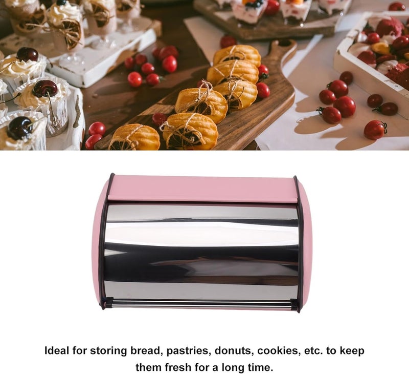 klarako Bread Box for Kitchen Countertop, Metal Roll Top Bread Bin, Mirror Polished Bread Storage Bin with Lid for Homemade Cake, Buns, Pastries, Pancake and Cookies (Pink) - Image 4