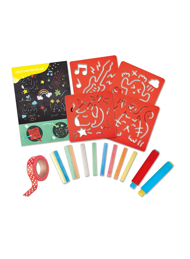 Hape Chalks and Stencils Art - Colored Chalk Set and Art Activities for Kids with Jumbo and Thin Chalk, Chalk Holders, Paper Tape, Large Stencils, and Poster - Perfect Easel Companion Art Kit for Ages 3+