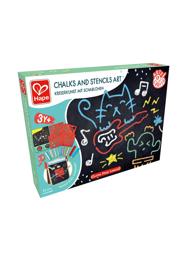 Hape Chalks and Stencils Art - Colored Chalk Set and Art Activities for Kids with Jumbo and Thin Chalk, Chalk Holders, Paper Tape, Large Stencils, and Poster - Perfect Easel Companion Art Kit for Ages 3+