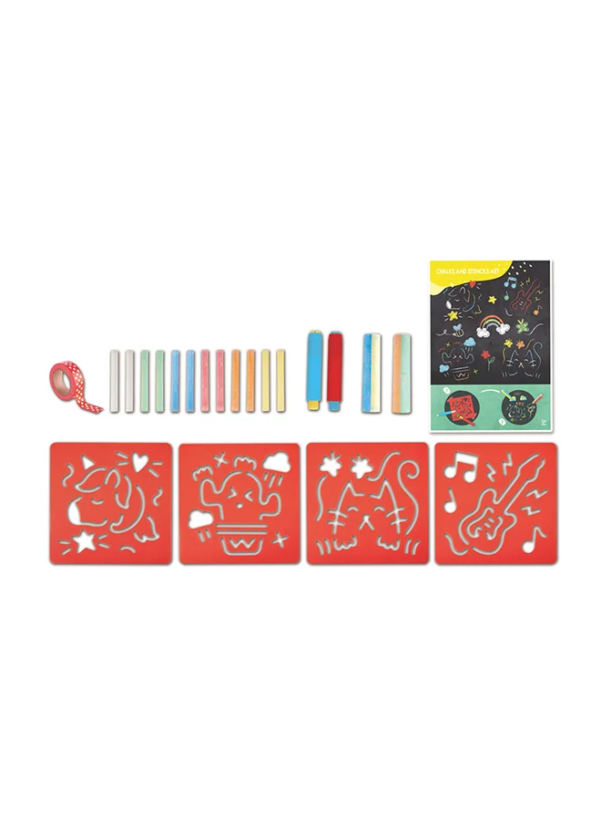 Hape Chalks and Stencils Art - Colored Chalk Set and Art Activities for Kids with Jumbo and Thin Chalk, Chalk Holders, Paper Tape, Large Stencils, and Poster - Perfect Easel Companion Art Kit for Ages 3+