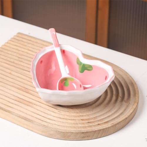 WAIT FLY Heart Shape Ceramic Dinnerware Set, Cute Strawberry Tableware Set, Dessert Plate, Salad Bowl, Appetizer Snack Mixing Bowl with Spoon - Pink Set - Image 3