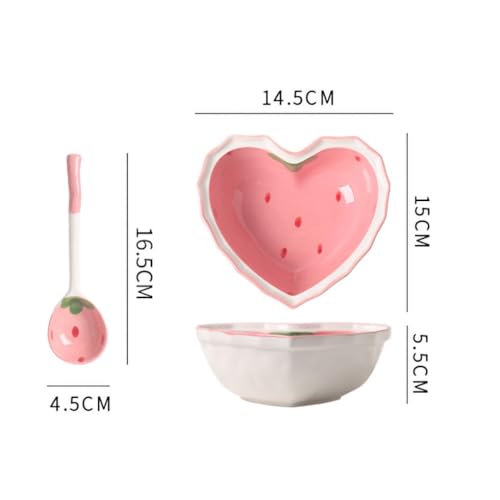 WAIT FLY Heart Shape Ceramic Dinnerware Set, Cute Strawberry Tableware Set, Dessert Plate, Salad Bowl, Appetizer Snack Mixing Bowl with Spoon - Pink Set - Image 2