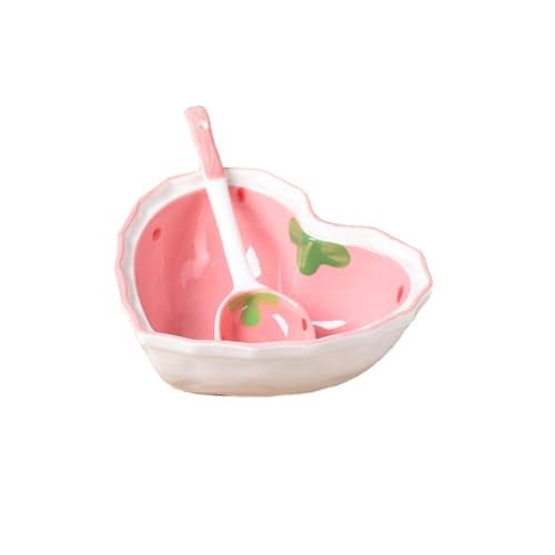 WAIT FLY Heart Shape Ceramic Dinnerware Set, Cute Strawberry Tableware Set, Dessert Plate, Salad Bowl, Appetizer Snack Mixing Bowl with Spoon - Pink Set - Image 1