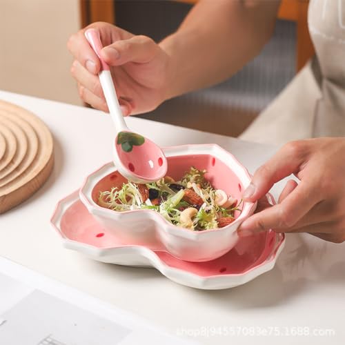 WAIT FLY Heart Shape Ceramic Dinnerware Set, Cute Strawberry Tableware Set, Dessert Plate, Salad Bowl, Appetizer Snack Mixing Bowl with Spoon - Pink Set - Image 4