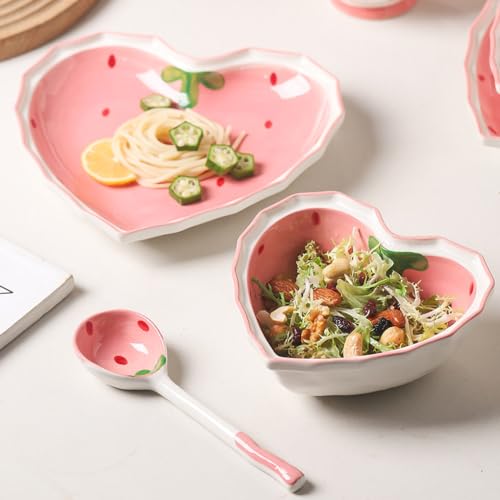 WAIT FLY Heart Shape Ceramic Dinnerware Set, Cute Strawberry Tableware Set, Dessert Plate, Salad Bowl, Appetizer Snack Mixing Bowl with Spoon - Pink Set - Image 5