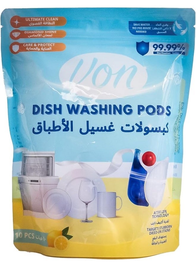 VON 10-Pack Dishwasher Detergent Pods, Lemon Fragrance, Deep Cleaning Power, Spot-Free Shine, Easy & Mess-Free Dishwashing - Image 1