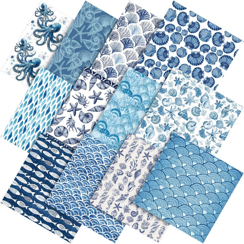 Tudomro 60 Pcs Blue Coastal Beach Fabric Squares Bundles 10 x 10 Inch Cotton Nautical Ocean Quilting Fabric Blue Seashells Fish Starfish Fat Quarters Quilt Patchwork Material for Sewing Craft Supplies - Image 1