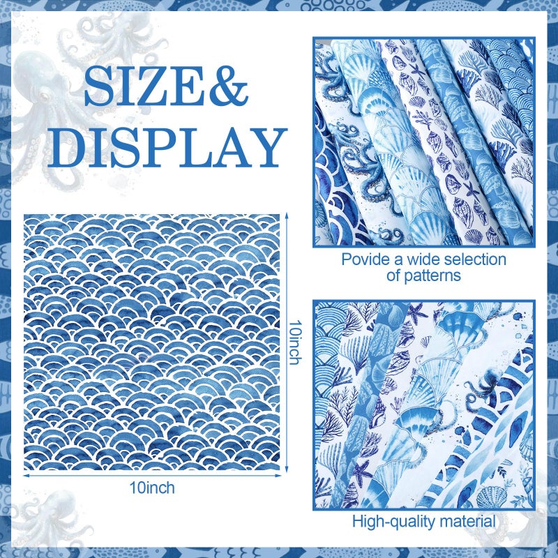 Tudomro 60 Pcs Blue Coastal Beach Fabric Squares Bundles 10 x 10 Inch Cotton Nautical Ocean Quilting Fabric Blue Seashells Fish Starfish Fat Quarters Quilt Patchwork Material for Sewing Craft Supplies - Image 3