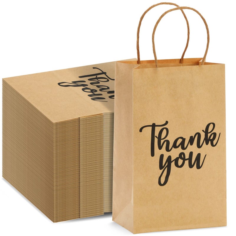 Sparkle and Bash Sparkle and Bash 100Pack Small Thank You Gift Bags with Handles Brown Kraft Paper Bulk Bags for Weddings Birthday Party Favors Gift Wrapping Retail Small Businesses 9x53x3 in 