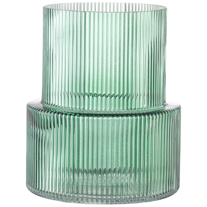 YANWE1 Green Glass Vase, Ribbed Glass Vase for Tulips, Flower Vases for Bouquet, Green Modern Vases for Living Room, Dining Table, Entryway, Mantle, Shelf, Wedding, Office, 7.5 Inches - Image 1
