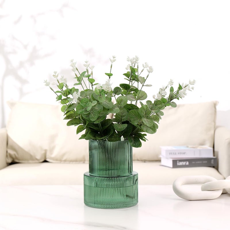 YANWE1 Green Glass Vase, Ribbed Glass Vase for Tulips, Flower Vases for Bouquet, Green Modern Vases for Living Room, Dining Table, Entryway, Mantle, Shelf, Wedding, Office, 7.5 Inches - Image 3