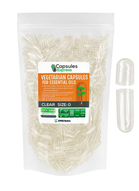 XPRS Nutra Size 0 Empty Vegan Capsules - 1000 Count Clear Veggie Capsules for Essential Oils - Empty Vegetable Capsules for Essential Oils - DIY Oil Filling Works with Most Essential Oils