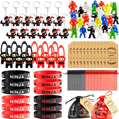 Jecery 84 Pcs Ninja Party Favors Include 12 Stretchy Flying Ninjas 24 Mini Ninja Figurines 12 Ninja Silicone Wristbands 12 Ninja Keychains 12 Red and Black Organza Bags and 12 Gift Tags for Birthday - Image 1