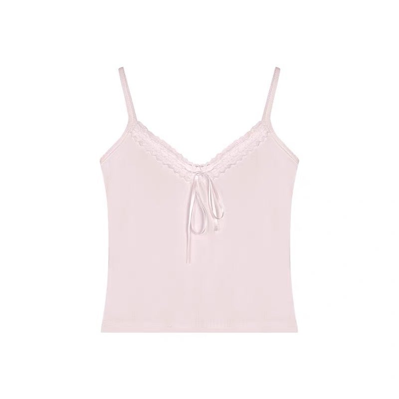 Women's Lace Camisole Top with Bow, Slim Fit, Short Length - Image 5