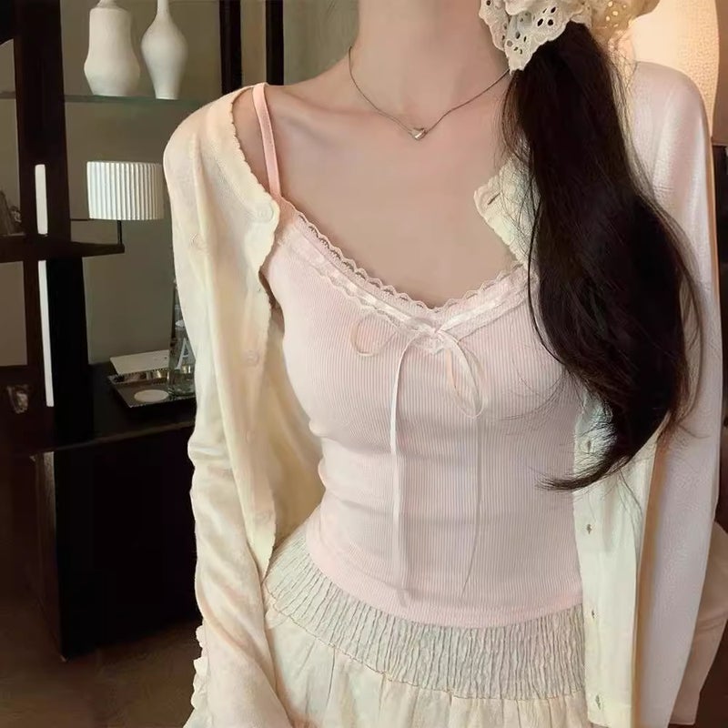 Women's Lace Camisole Top with Bow, Slim Fit, Short Length - Image 1