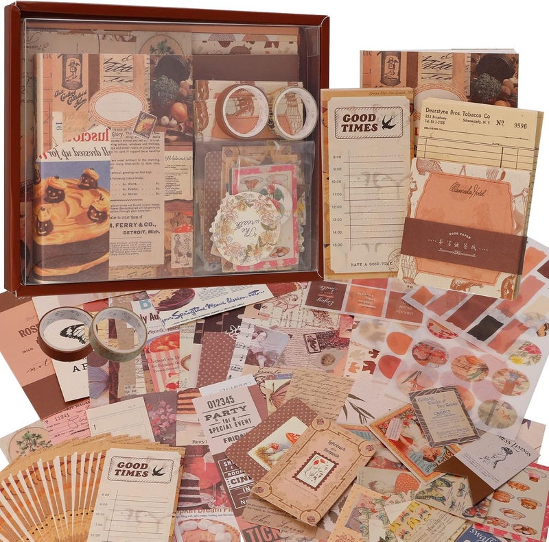 Eksha Vintage Aesthetic Scrapbook Kit Bullet Junk Journal Kit with Scrapbooking Supplies Stationery Grid Notebook with Graph Ruled Pages for Adults Teen Girls