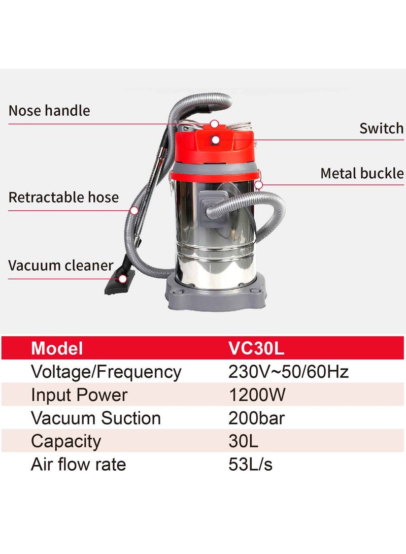 EFFTOOL Vacuum Cleaner 30 L 1200W Stainless Steel Tank  for Hard Floor & Carpet Multipurpose Wet & Dry  - Image 2