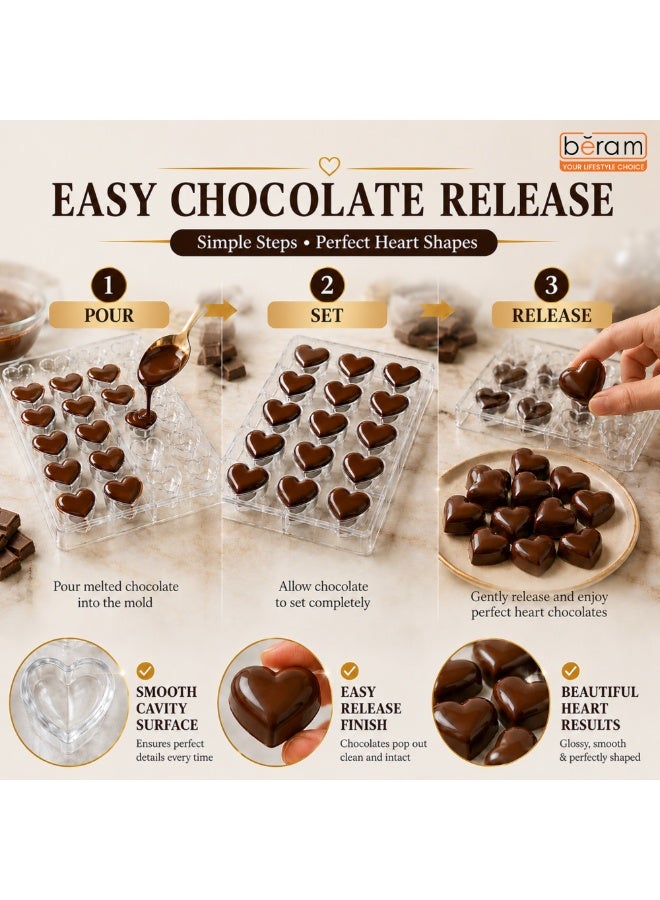 BERAM Heart Shape Chocolate Mold, Food Grade Clear Plastic Candy & Chocolate Making Tray, Easy Release Mold for Homemade Chocolates, Candy, Jelly, Gummies, Mini Desserts, Baking & DIY Treats - Image 5