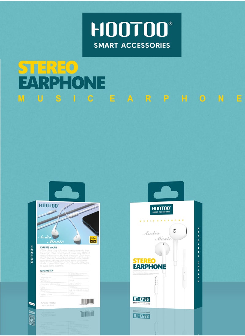 Wired earphone with Aux port  (Audio Jack) and built-in microphone with clear and pure sound, and control buttons. White