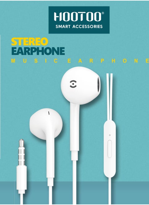 Wired earphone with Aux port  (Audio Jack) and built-in microphone with clear and pure sound, and control buttons. White