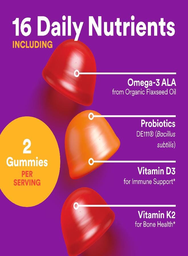 SmartyPants Organic Toddler Multivitamin Gummies: Probiotics, Omega 3 (Ala), Vitamin D3, C, Vitamin B12, B6, A, K & Zinc, Beta Carotene, Gluten Free, Three Fruit Flavors, 60 Count (30 Day Supply) - Image 4