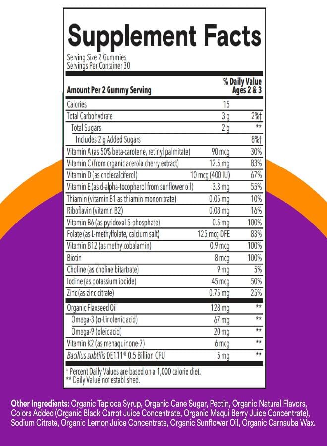 SmartyPants Organic Toddler Multivitamin Gummies: Probiotics, Omega 3 (Ala), Vitamin D3, C, Vitamin B12, B6, A, K & Zinc, Beta Carotene, Gluten Free, Three Fruit Flavors, 60 Count (30 Day Supply) - Image 3