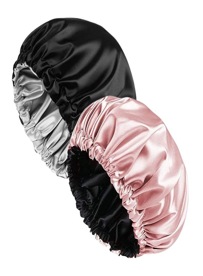 Atrube combo of 2 Satin Silk Bonnet for Hair with 3 Satin Scrunchy, Adjustable Satin Bonnet for Curly Hair, Reversible Silk Hair Cap for Sleeping, Silk Bonnet for Hair | Satin Wraps (Black -Pink) - Image 2