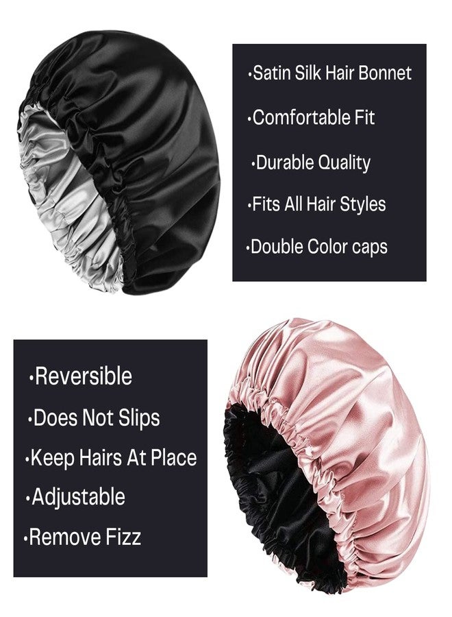 Atrube combo of 2 Satin Silk Bonnet for Hair with 3 Satin Scrunchy, Adjustable Satin Bonnet for Curly Hair, Reversible Silk Hair Cap for Sleeping, Silk Bonnet for Hair | Satin Wraps (Black -Pink) - Image 3