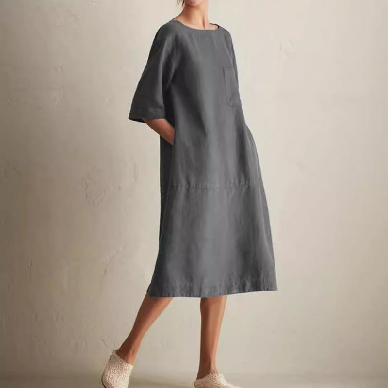 Plus Size Women's Casual Round Neck Short Sleeve Linen Pocket Dress - Image 2