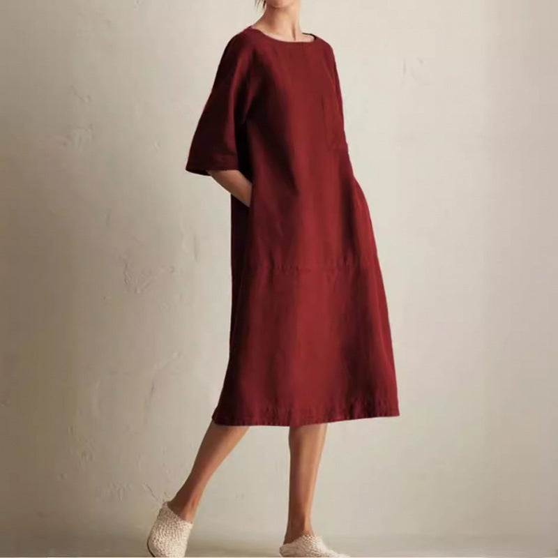 Plus Size Women's Casual Round Neck Short Sleeve Linen Pocket Dress - Image 3