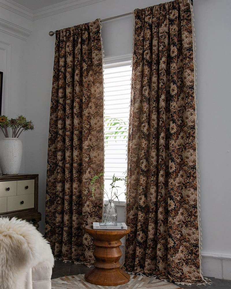 vctops Vintage Floral Oil Painting Curtains with Tassels Set of 2 Panels Rod Pocket Thermal Insulated Room Darkening Window Curtains/Drapes for Bedroom Living Room (Coffee,59"x94") - Image 1